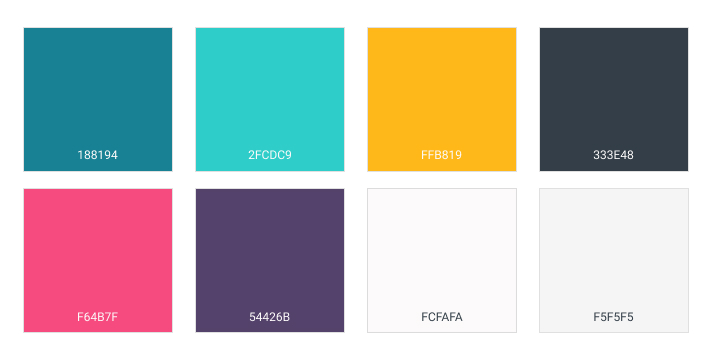 a vibrant colour palette including teal, aqua, yellow, purple, black, and white