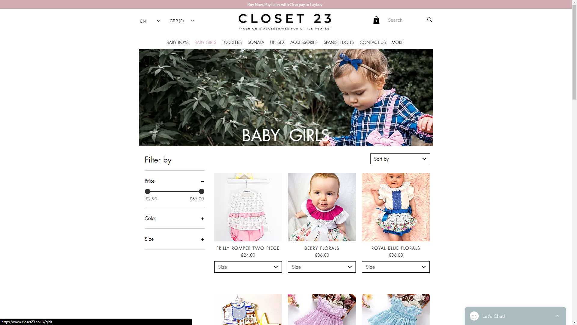 the girls page of a clothing site
